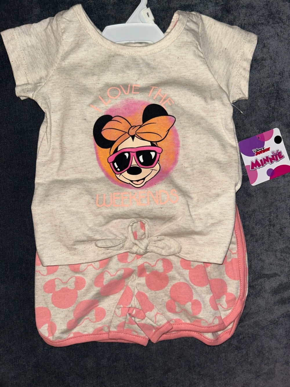 Disney Beige Top with Pink Minnie Graphic and Pink-Patterned Shorts